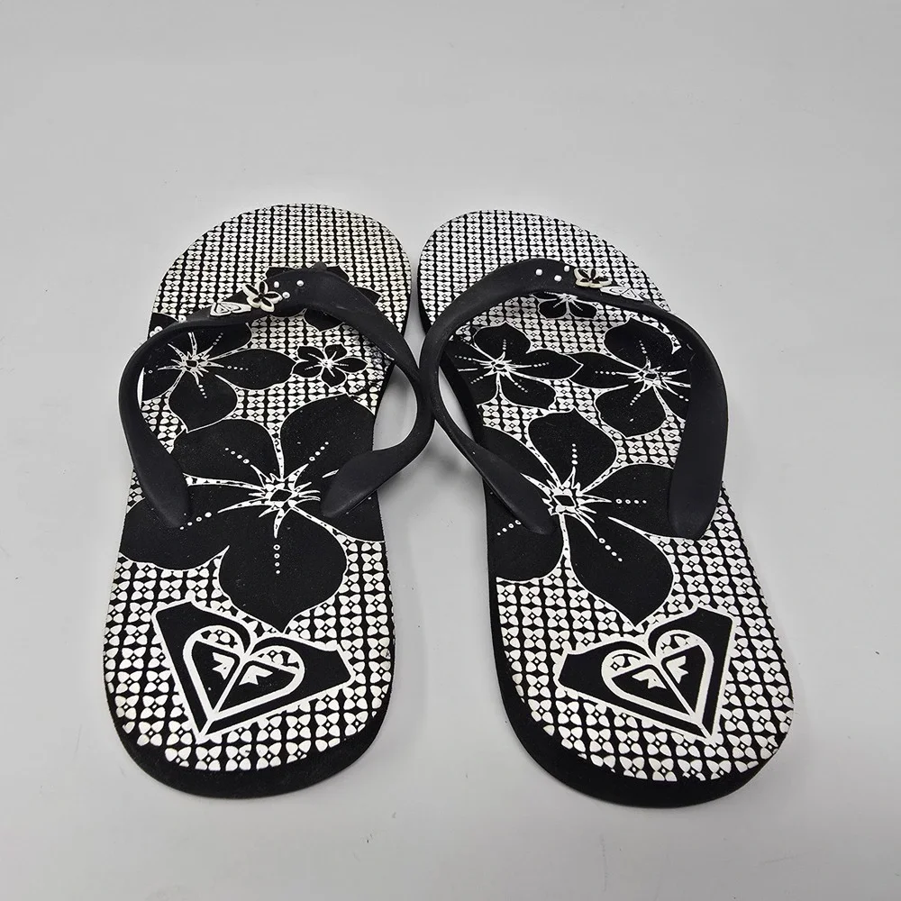 Roxy Womens Black White Floral Studded Flip Flop Sandals Size 9